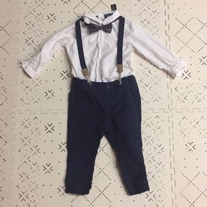 H&M boys suspender pants, shirt and bow tie outfit